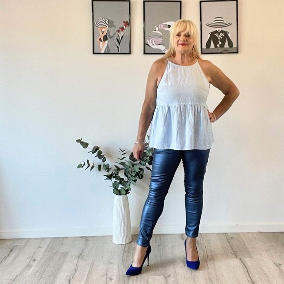 SHEIN Pants - Shein Faux Leather Pants, Metallic Blue, Size L